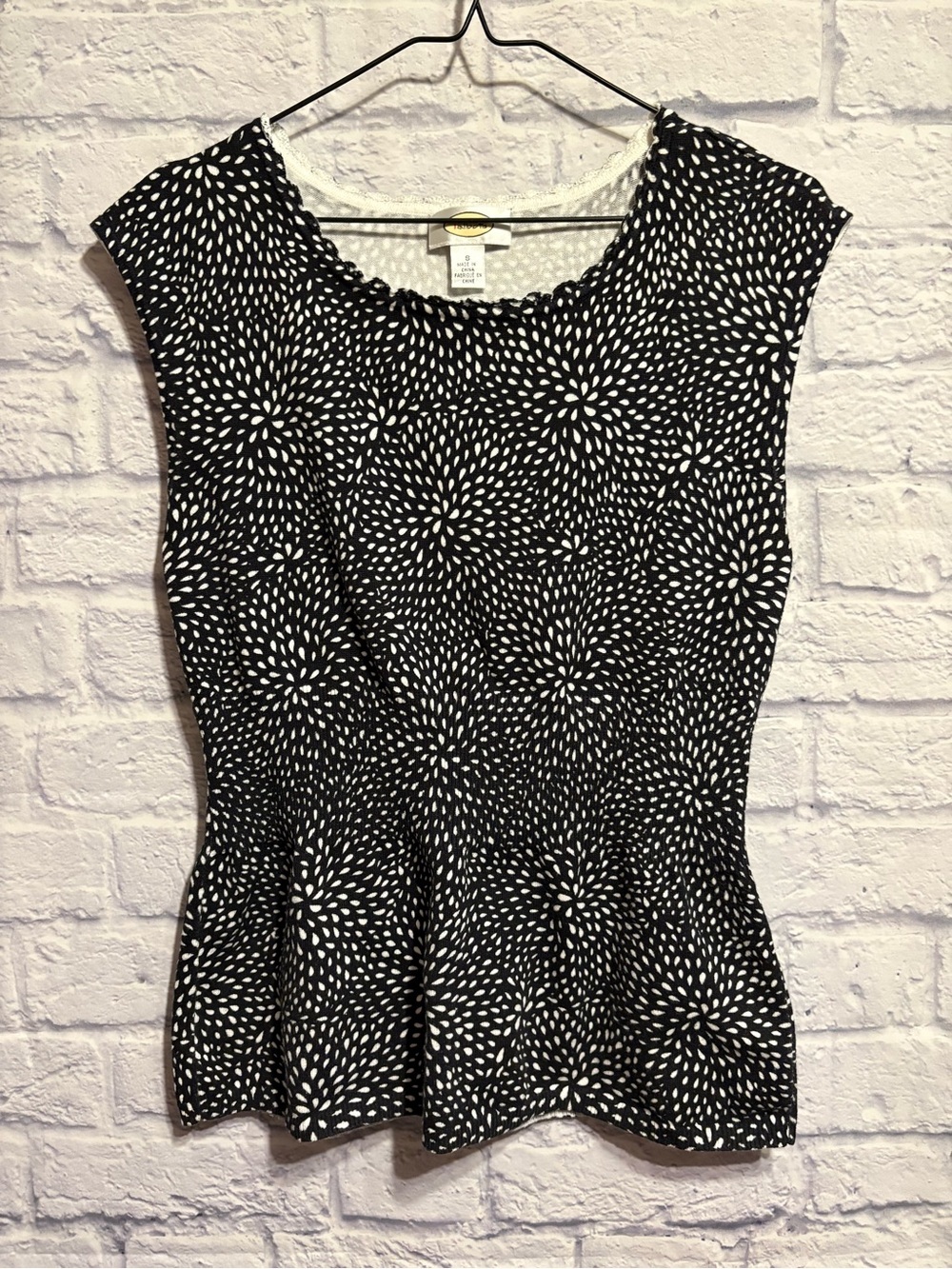 Talbots Black and White Floral Dot Peplum  Knot Top Small